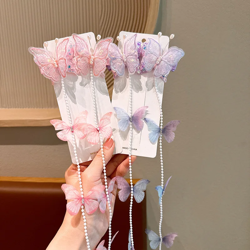 2pcs Princess Girls Butterfly Hair Clips Pearl Tassel Braid Hairpins Sweet Children Hair Accessories Summer Headdress