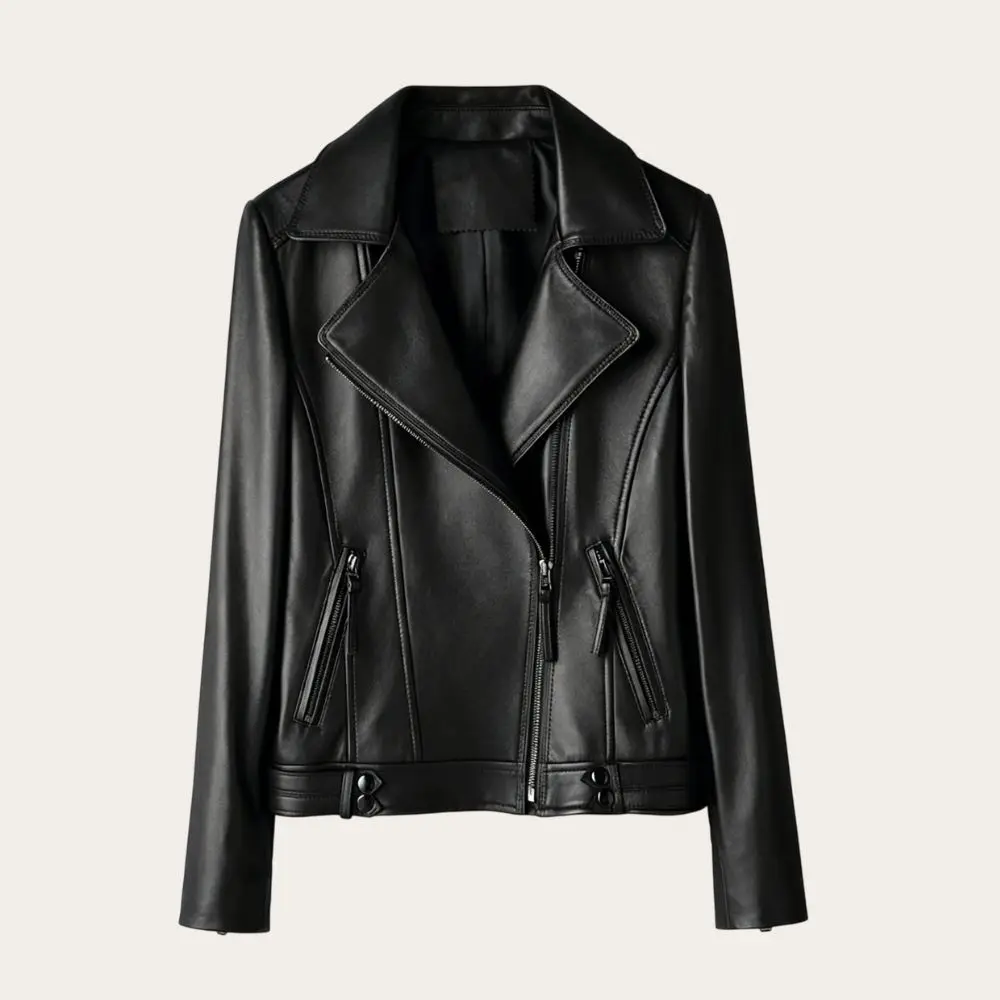 Leather Jacket Women's Short Slim Fit Suit Collar Motorcycle Style Casual Fashion Spring Autumn Real Leather Coat Outerwear