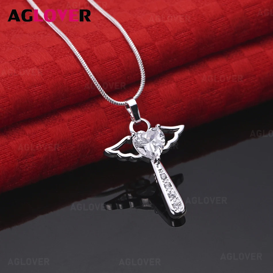 

AGLOVER 925 Sterling Silver Heart-Shaped Wing Key Inlaid with Zircon Pendant Necklace Unique Gift Versatile Party Jewelry