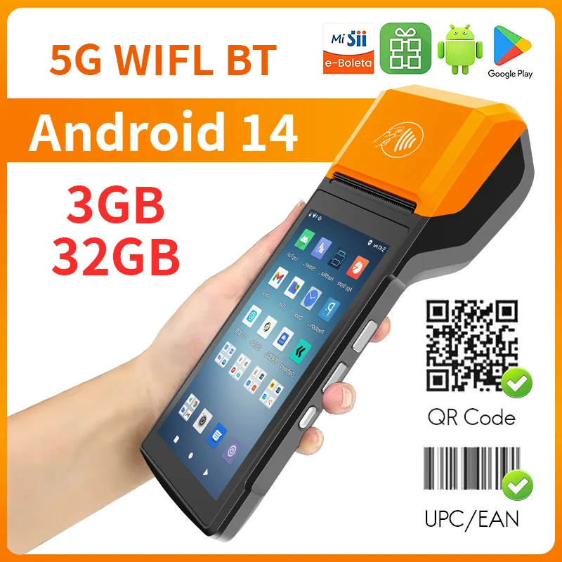Handheld POS PDA Thermal Receipt Printer Android 14 Mobile POS Machine 5.5' 58mm 3GB RAM 32GB ROM Handgun Type Cash System