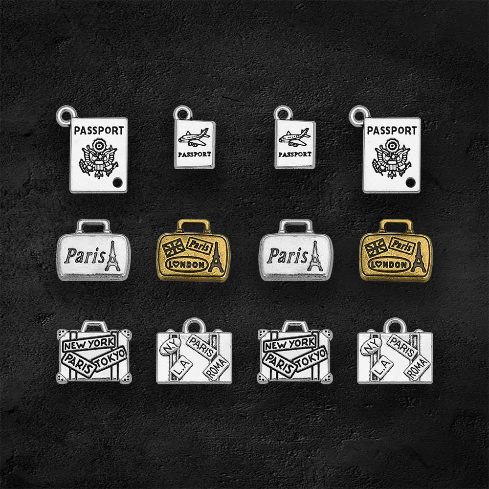 Antique Silver Plated Suitcase Passport Travel Charms Paris London NY LA Pendant For Diy Jewelry Making Findings Craft Wholesale