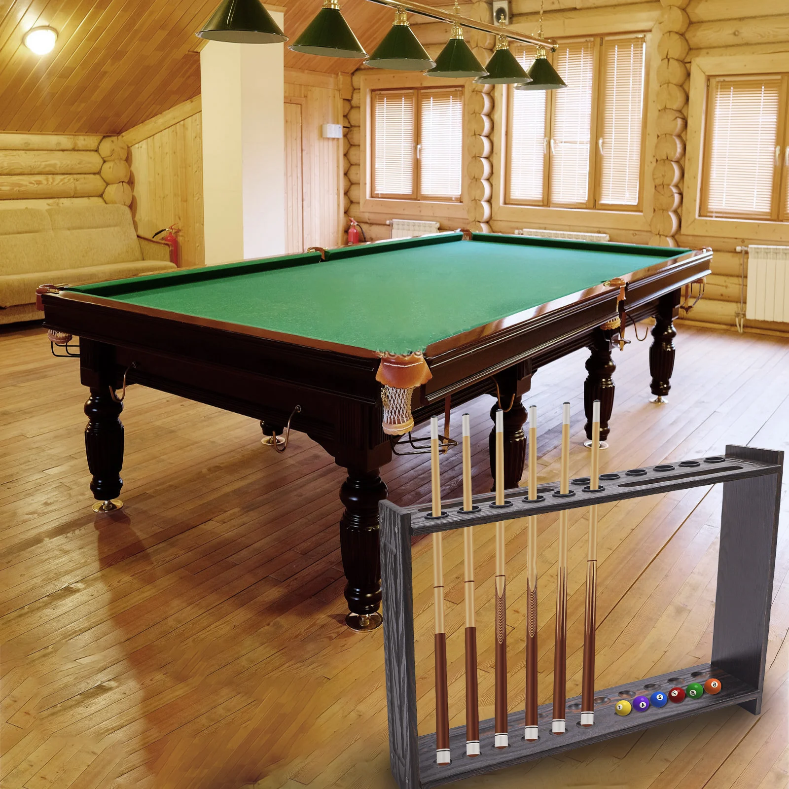 12 Holes Pool Cue Rack Floor Standing Billiard Pool Cue Stick Holder with Triangle Billiards Ball Rack