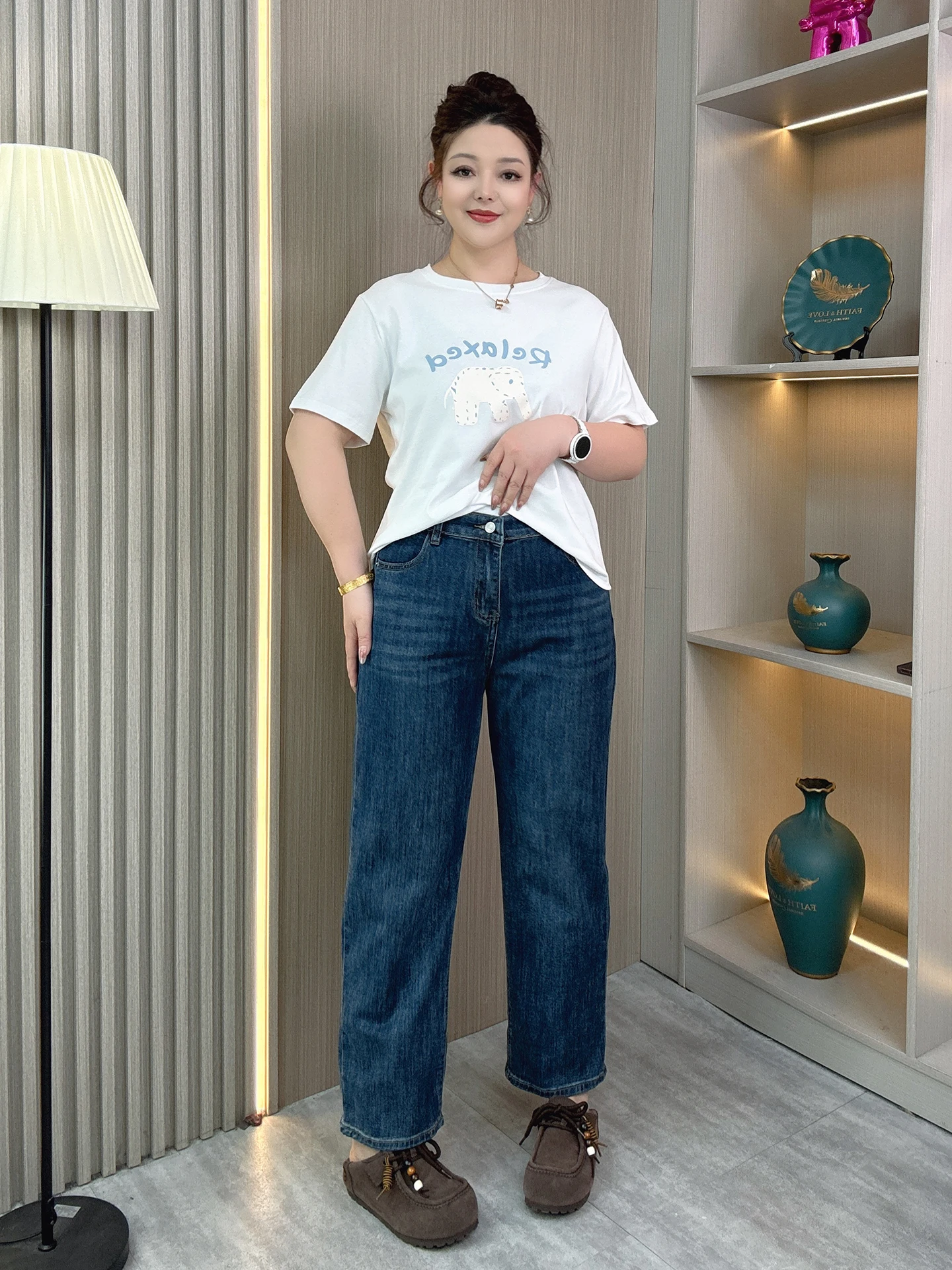 

High Waist Straight Leg Casual Denim Jeans plus Size Women's Loose Slimming Wide Leg Nine Point Pants Spring New Arrival