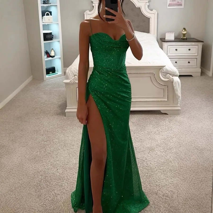 Vestido de fiesta elegante para mujer, vestido largo maxi con tirantes finos, corte en A, abertura alta, cintura fruncida, tela brillante, vestido tipo slip.