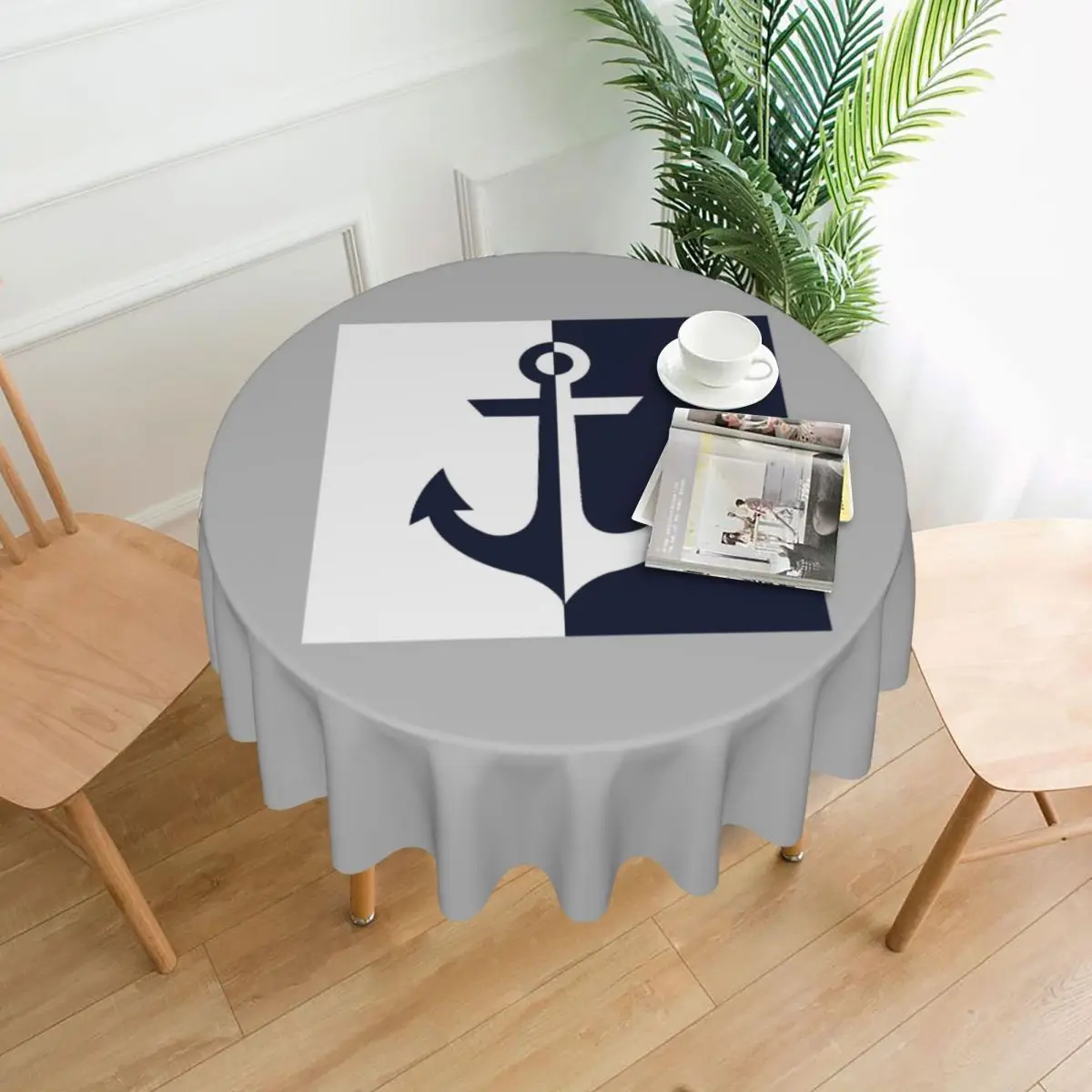 Nautical White And Navy Blue Anchor Waterproof Round Tablecloth Oilproof Table Cloth for Kitchen Events Table Cover 60 inch