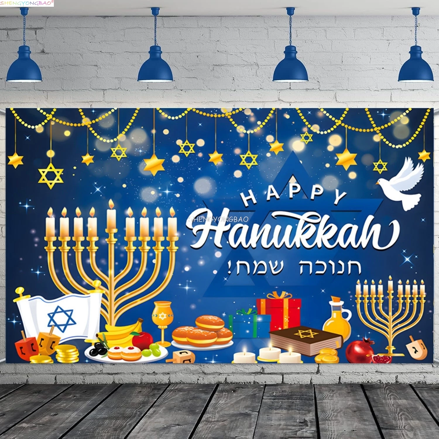 Judaism Happy Hanukkah Background Jewish Jesus Passover Candlestick Party Candles Kwanzaa Bread Decor Photography Backdrop GM-02