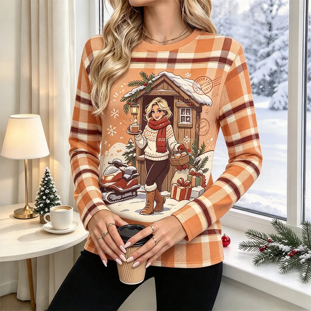 Ladies Christmas Raglan Long Sleeve T-Shirt Striped Splice Retro Santa Soft Comfortable Tops Autumn Winter Xmas Daily Wear Tees