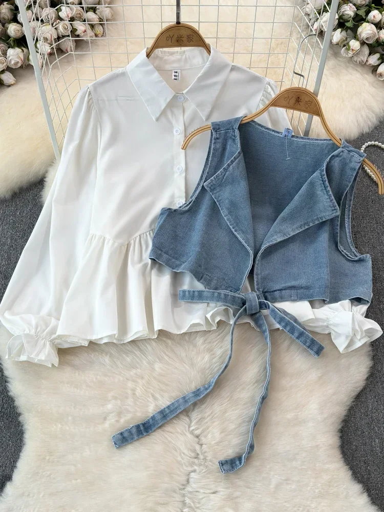 Spring Autumn Women\'s Top Vest Two-piece Set New Korean Version Loose Long Sleeve Shirt Short Denim Vest Coat A119