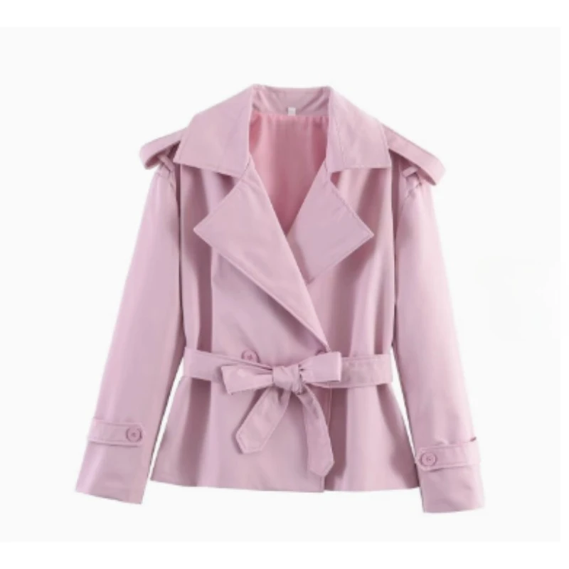 Aliexpress\'s Best-selling Cross-border European and American Style Women\'s Solid-color Belted Short Jacket Trench Coat Fashion