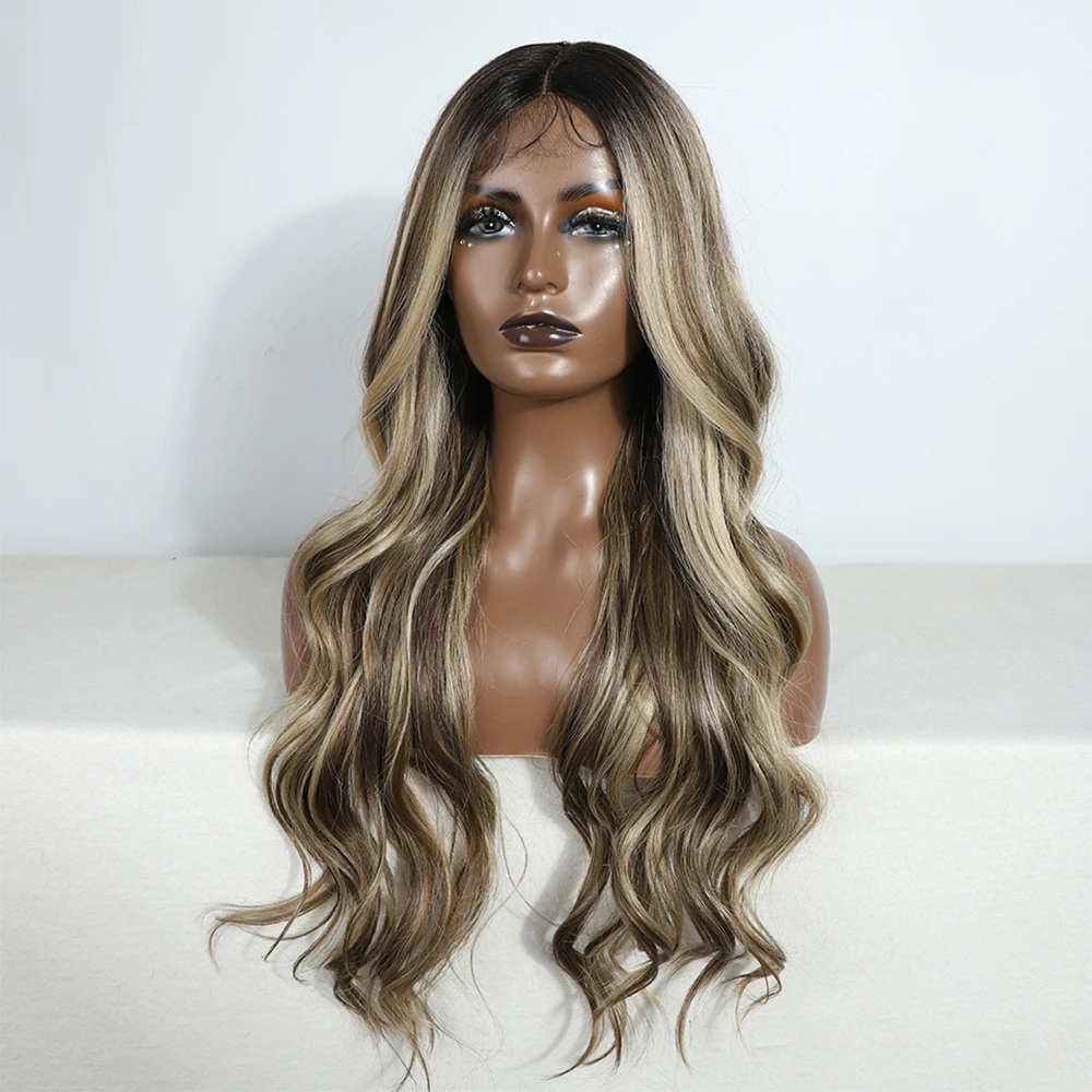 Synthetic Lace Frontal Wig For Women Cosplay Highlight Wig Curly Wave Lace Wig Brown Ombre Blonde Brown Wigs Heat Resistant Wig