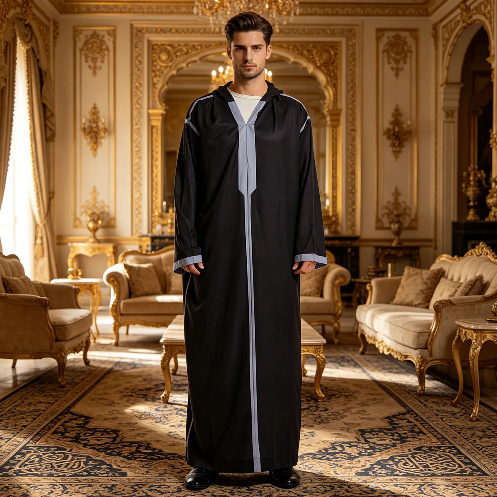 Men Contrast Color Trim Hooded Kaftan Robe Long Sleeve Thobe Loose Robe with Pockets for Halloween Party Casual Daily Life
