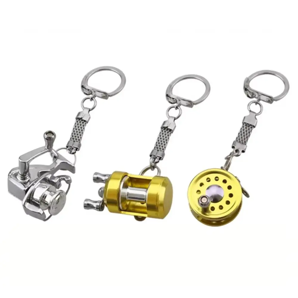 Golden Silver Fish Wheel Keychain Hanging Oranment Miniature Fly Reel Keyring Delicate Metal Spinning Reel Pendant Backpack