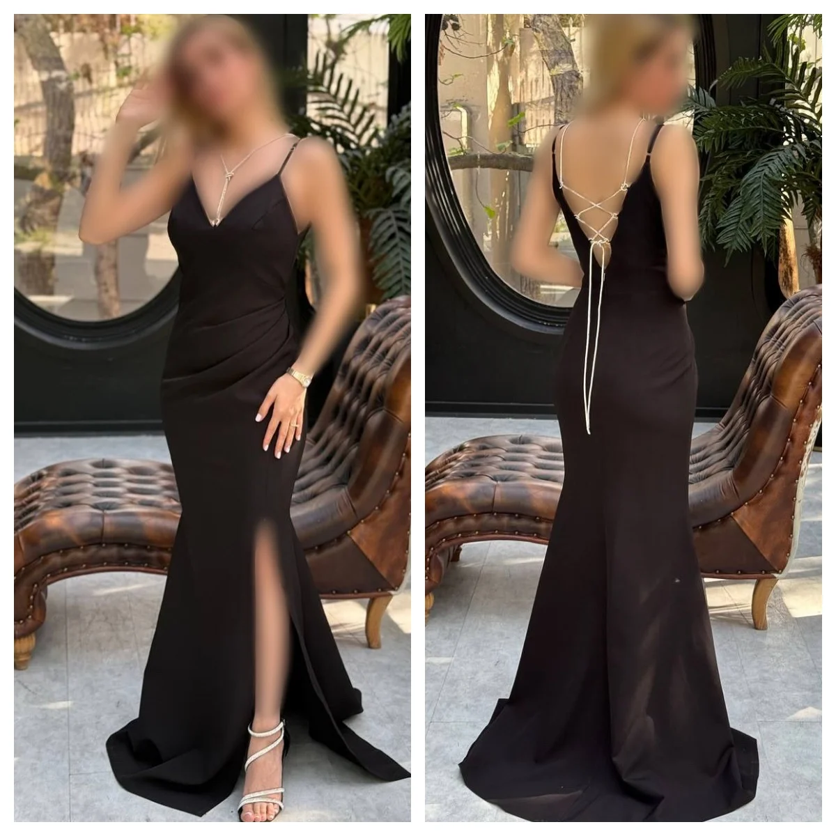 Gaun Malam Kustom Gaun Prom Tanpa Lengan Tali Spaghetti Kerah V Jersey Indah Gaun Pesta Kereta Pengadilan Putri Duyung