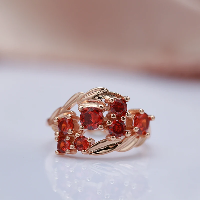 SYOUJYO Red Shiny Natural Stone Rings For Women 585 Rose Gold Color Elegant Vintage Bride Wedding Jewelry Family Party Best Gift