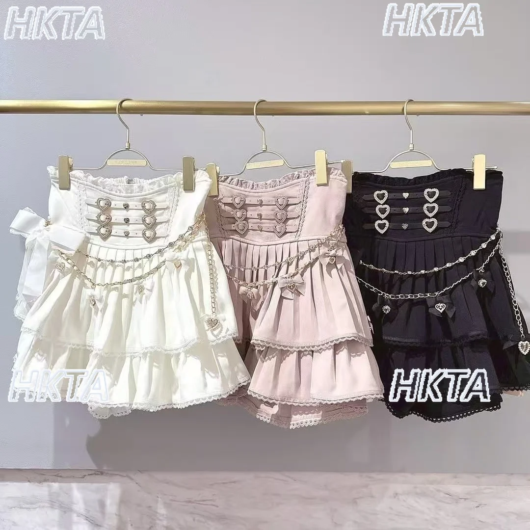 

Japanese Style Liz Skirt 2025 New Autumn New High Waist Pleated Skirts Chic Chain Sweet Bow Heart Buckle Short Mini Skirt Girl