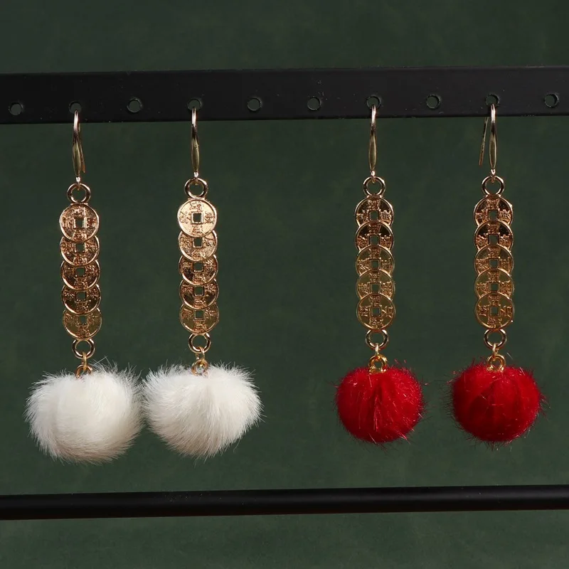 

Handmade Plush Pendant Earrings Vintage Copper Earrings Chinese Style Clothing Accessories Niche Red White High-grade Earrings E