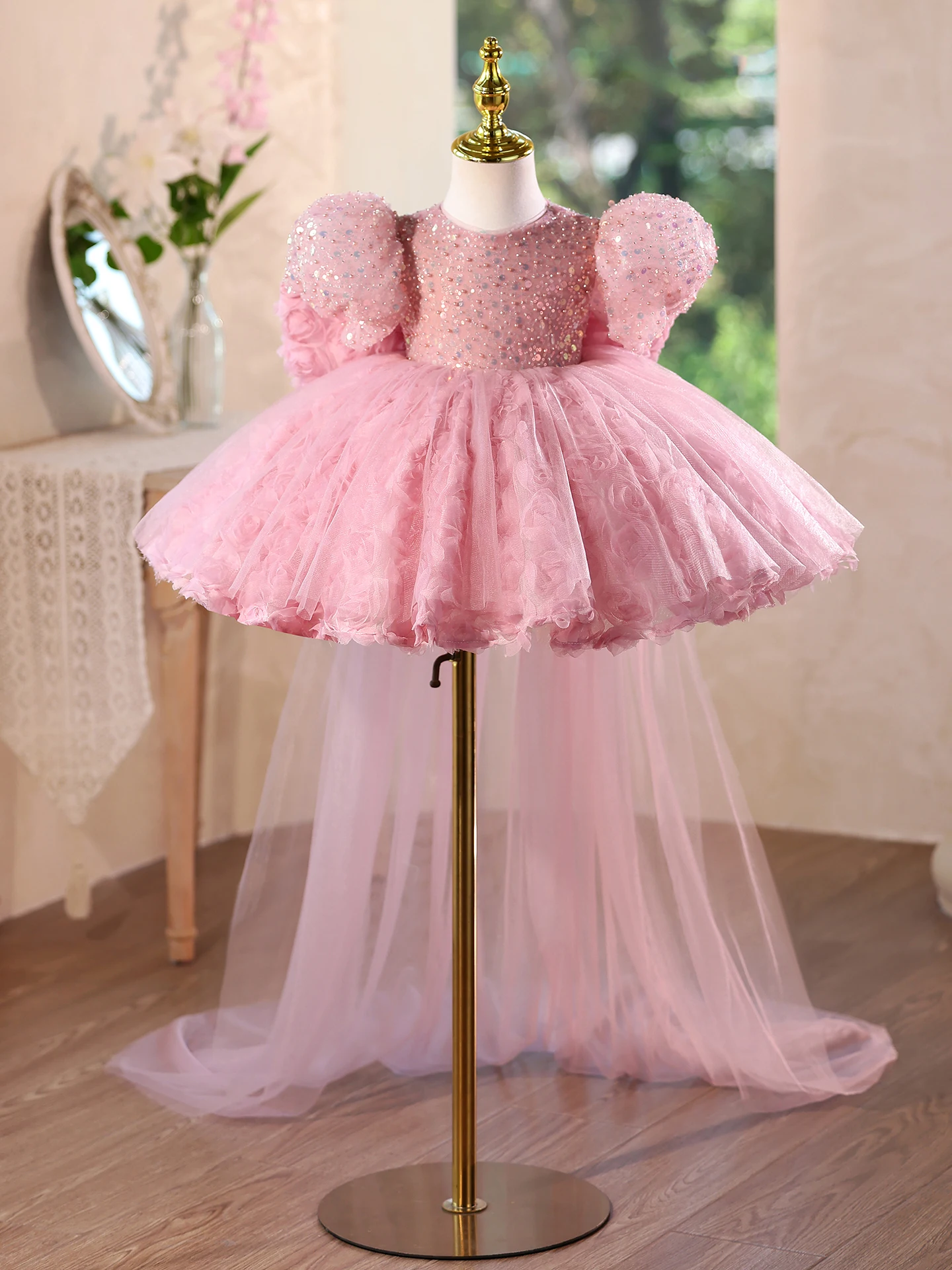KLFLGD Baby Girl Pageant Dress Sequins Embroidered Lace Toddler Flower Wedding Birthday Party Gown Dresses