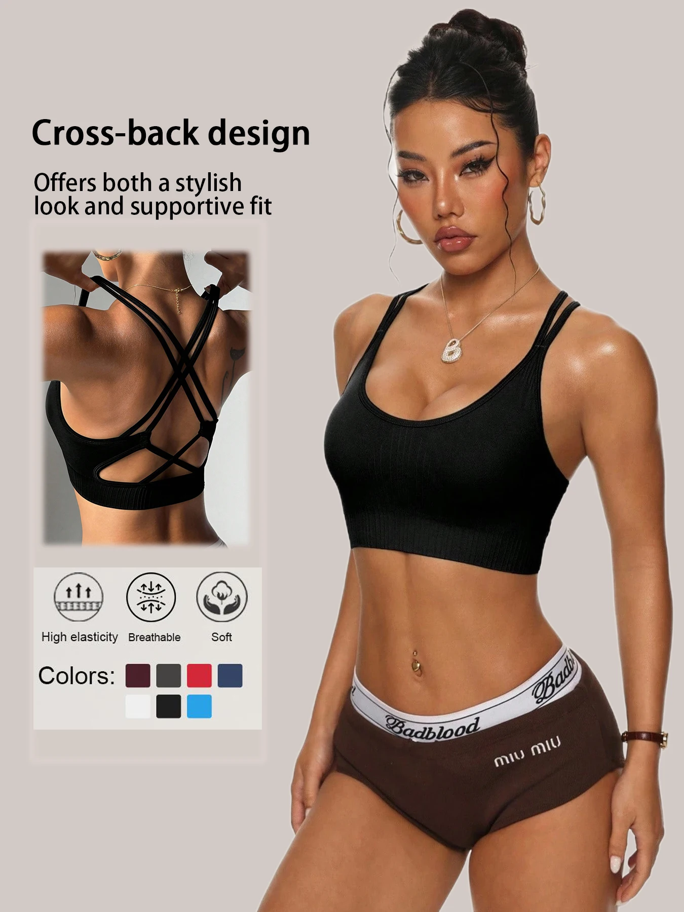 Women Seamless Ribbed Sports Bra Crisscross Back Removable Padded Yoga Fitness Bra Elastic Breathable Workout Bralette
