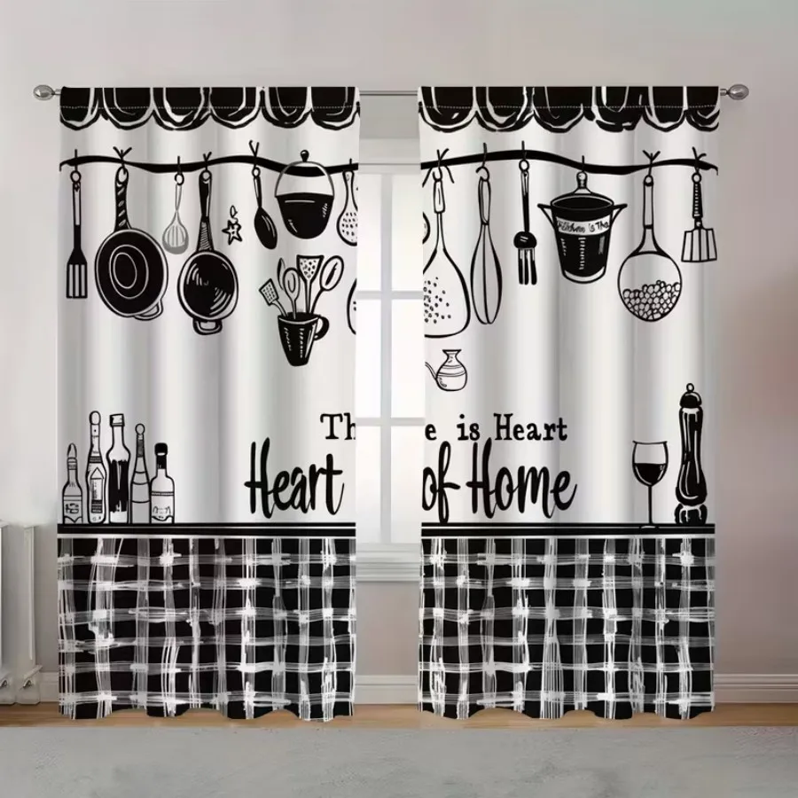 2 PCS Black White Kitchen Curtains, Practical Style Window Drapes for Living Room Bedroom Home Decor Polyester Rod Pocket