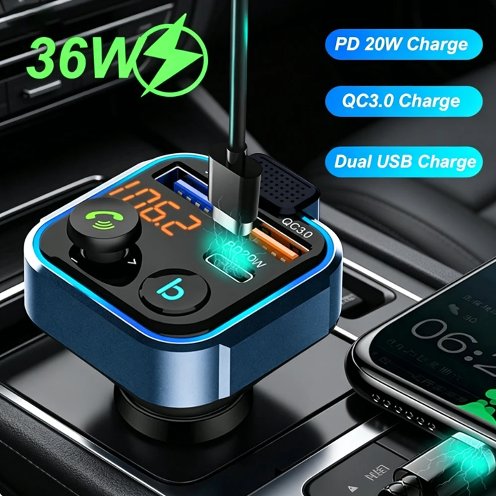 Bluetooth 5.0 FM Transmitter Car Stronger Dual Mics Deep Bass Sound 38W PD QC 3.0 Car Charger U Disk AUX LCD Display Voltmeter