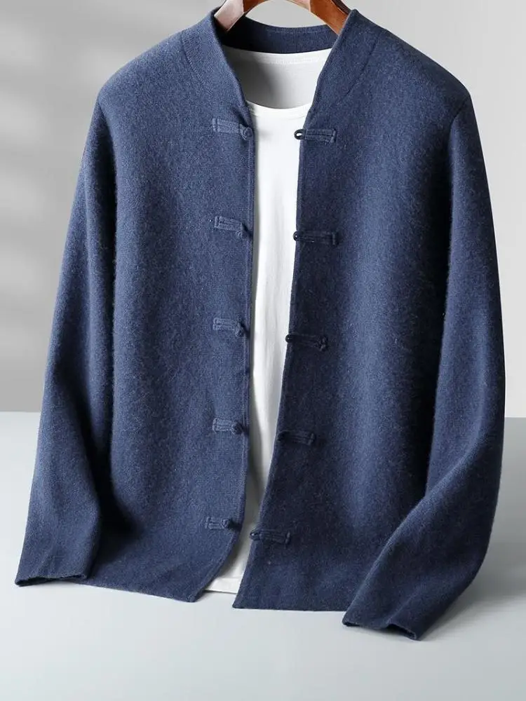 High Quality Men 100% Merino Wool Sweater Classy Autumn Winter Knitted Cardigan Jacket Casual Soft Warm Chinese Style Man Coats