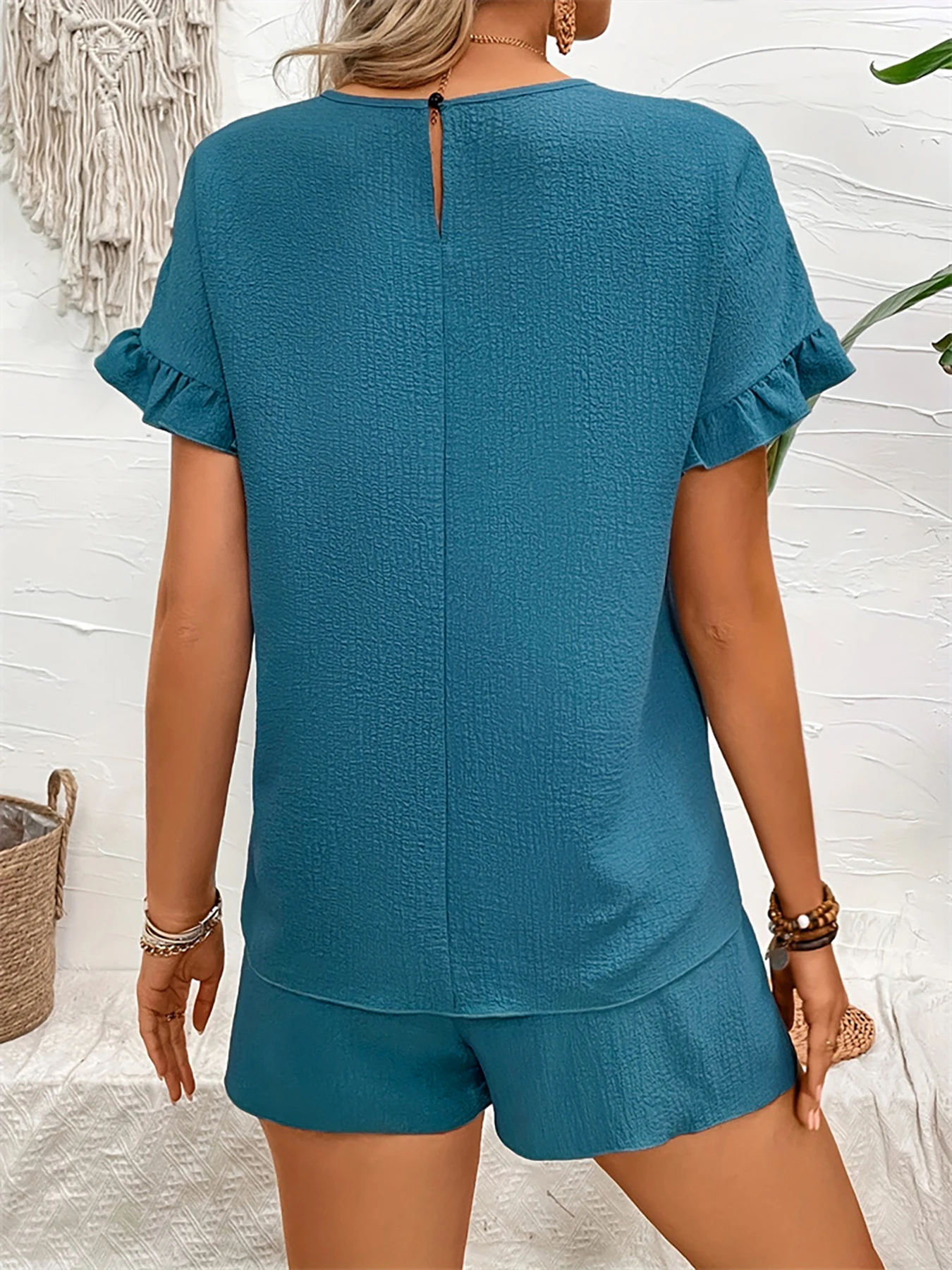 Loose short-sleeve ruffled shorts set summer two-piece high-end solid color work tunic two-piece set for women
