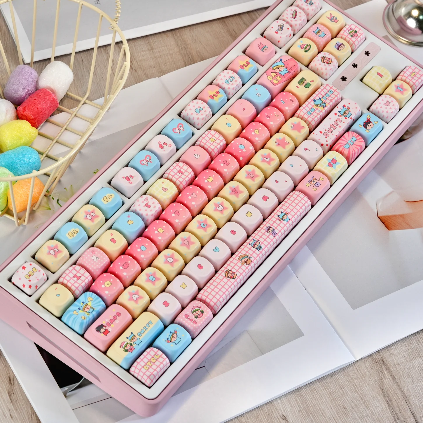 Magic Cat Keycap Set PBT 129 Key Cherry MOA Color Pink Suitable for 60/84/98/108 Mechanical Keyboard view 2