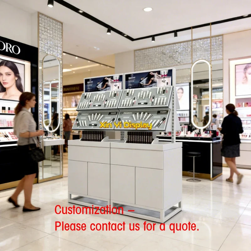 custom.Luxury Custom Perfume Table Display High-End LED Lighting Stainless Steel Modern Display Stand White Custom