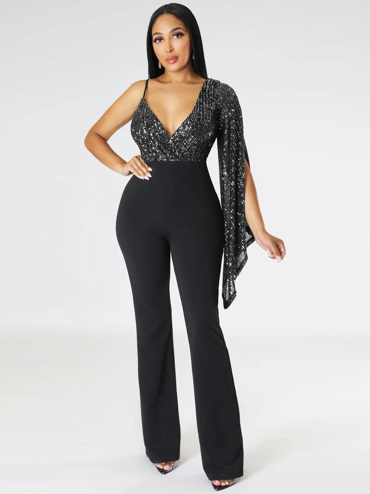 Women's Sexy Sequin V-neck Single Sleeve Straight Tube Jumpsuit Sequin Cape Sleeve Party Nightclub Pants Formal Occasion Dress