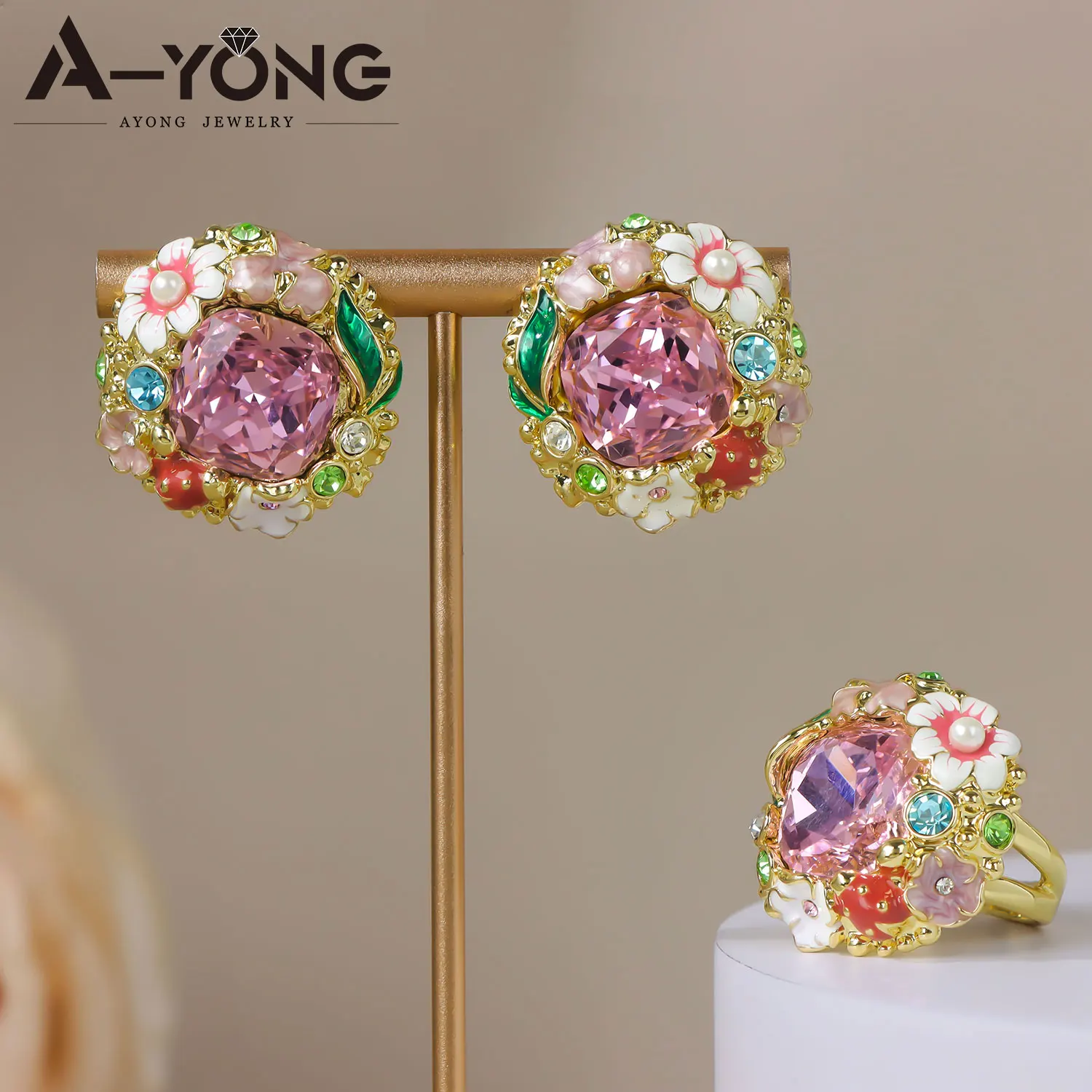 Vintage Gold Color Floral Jewelry Set Maximalism Multi Colors Zirconia Ring Earrings European Women Fashion Jewelrys