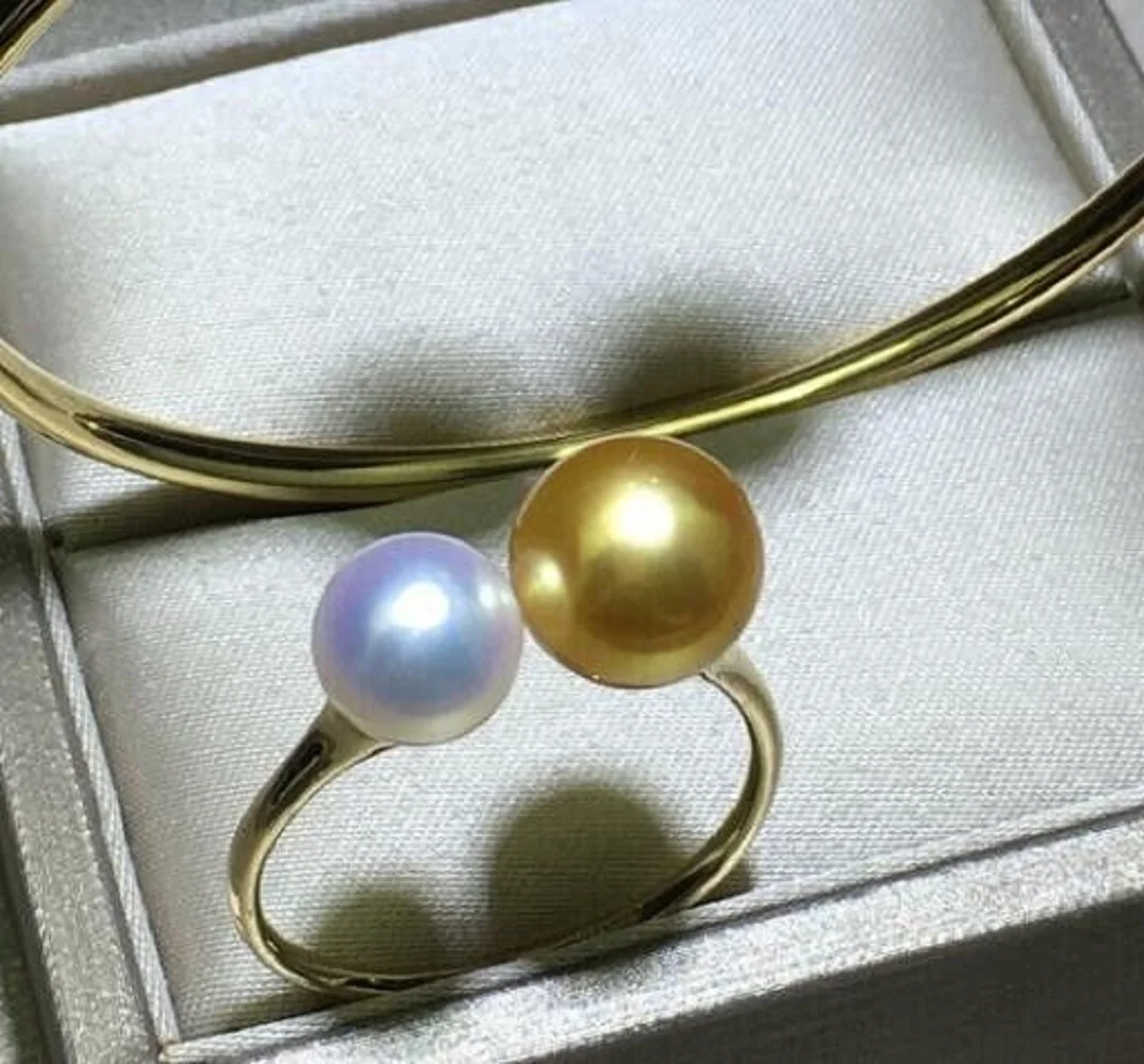 

Gorgeous HUGE AAAAA 8-9mm 10-11mm Natural Round South Sea Golden Pearl Ring 925s.