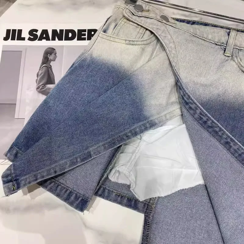 Saia curta de jeans feminina, Senso Design Feminino, Anti-Exposição, Gradiente, Irregular, Cintura alta, Fino, Verão, Novo, 2022