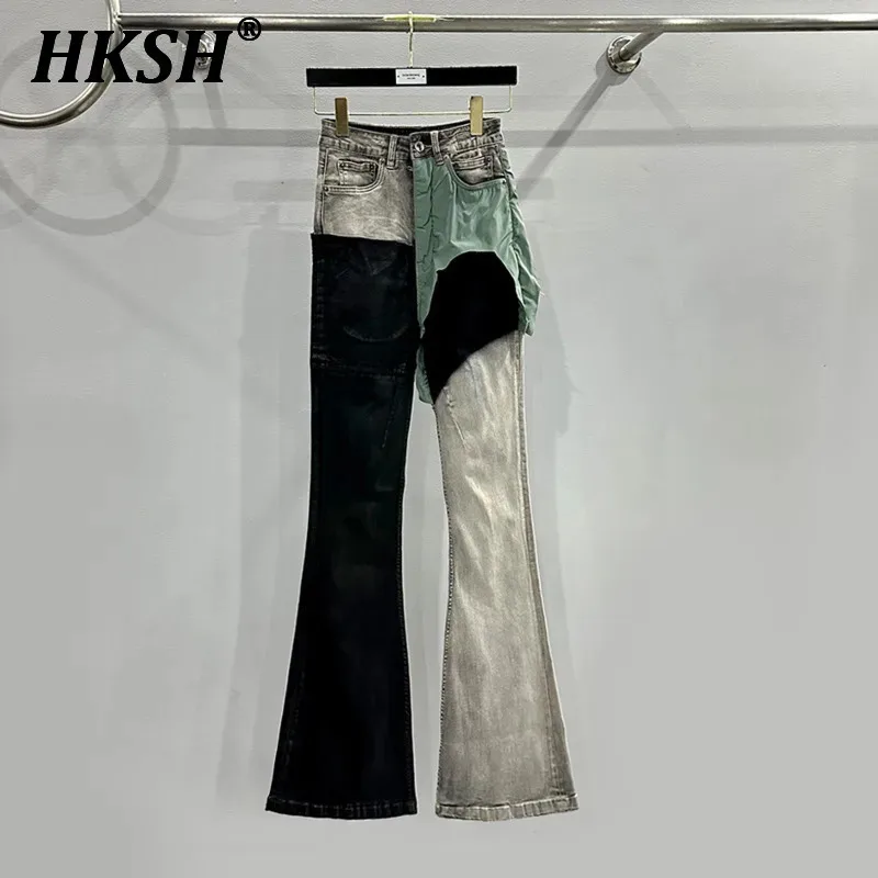 HKSH Women's RO Style Streetwear Spliced Coating Waxed Design Jeans Flared Shaped Trend Personalized Patchwork Denim Pants H2513