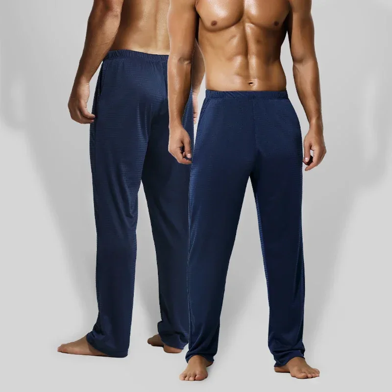 

2PC Men's summer ice silk casual long pants, air-conditioned pants, thin spring and autumn loose large-sized summer home pants