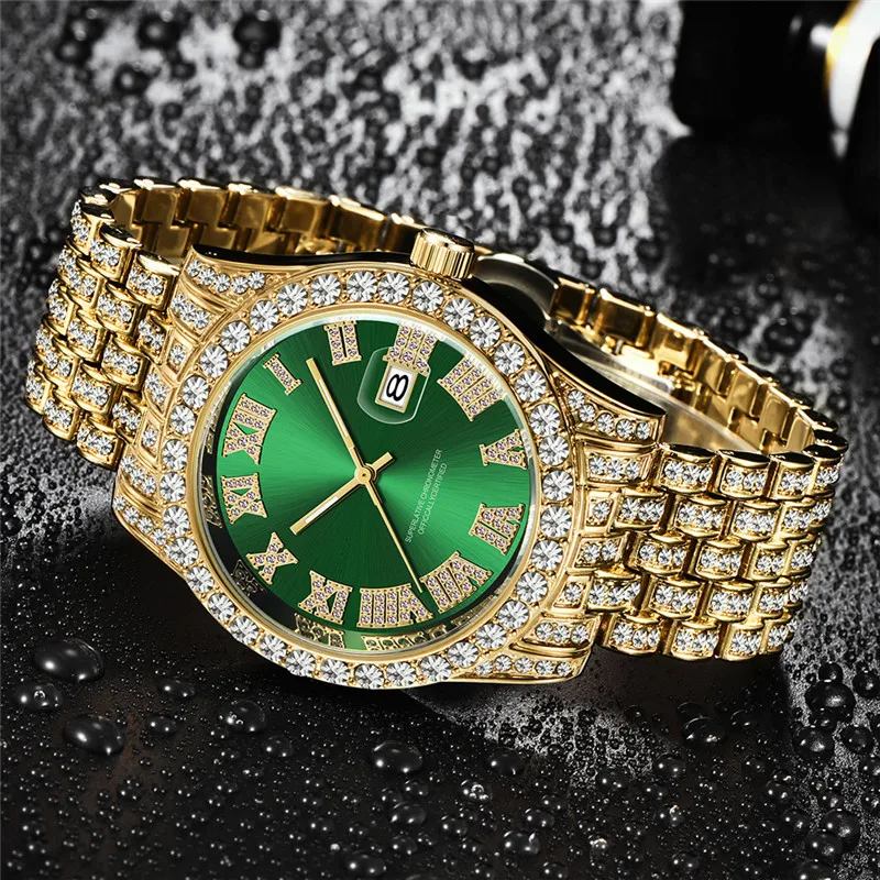 1 stk/partij Grote Merk Horloges Voor Mannen Hip Hop Diamond Luxe Gouden Mode Legering Band Datum Quartz Horloge Montres de Marque de Luxe