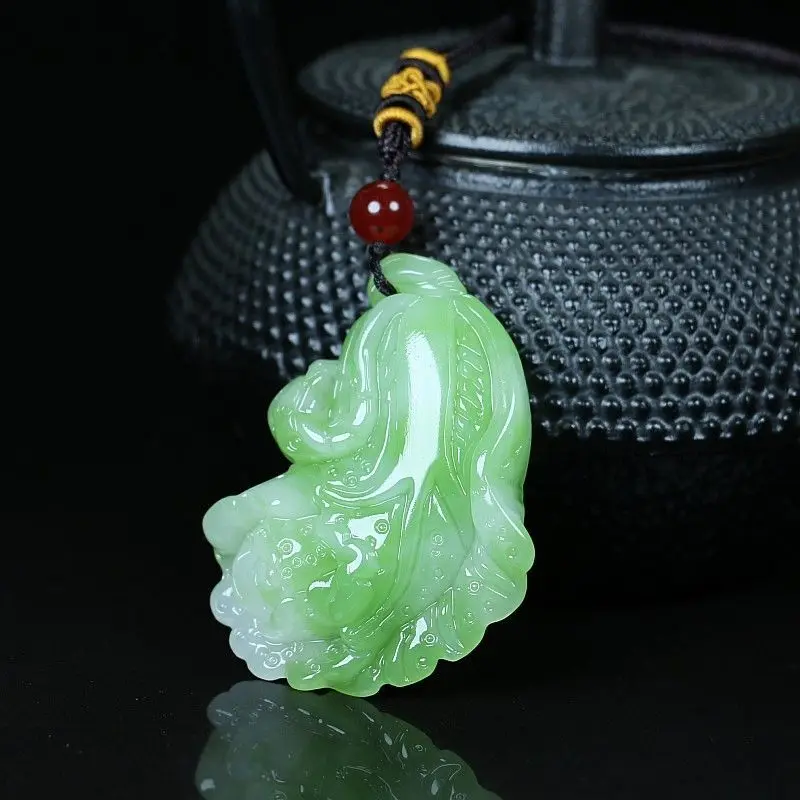 New Outer Mongolian Emerald White Double Color Baicai Pendant Cabbage Men's and Women's Necklace Jade Pendant Crafts