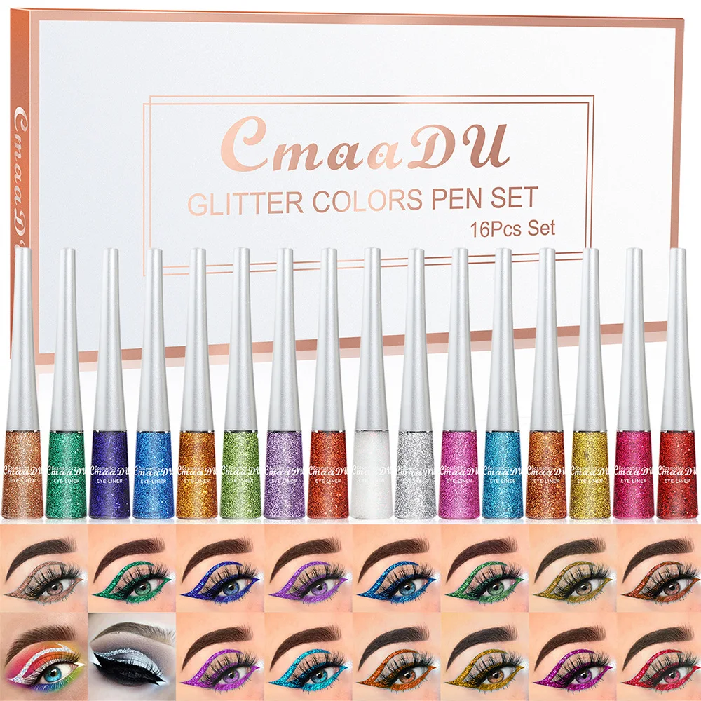 CmaaDu-Ensemble de 16 fards à barrage liquides durables, eye-liner, maquillage, étanche, séchage rapide, pigment liquide, argent, or, paillettes