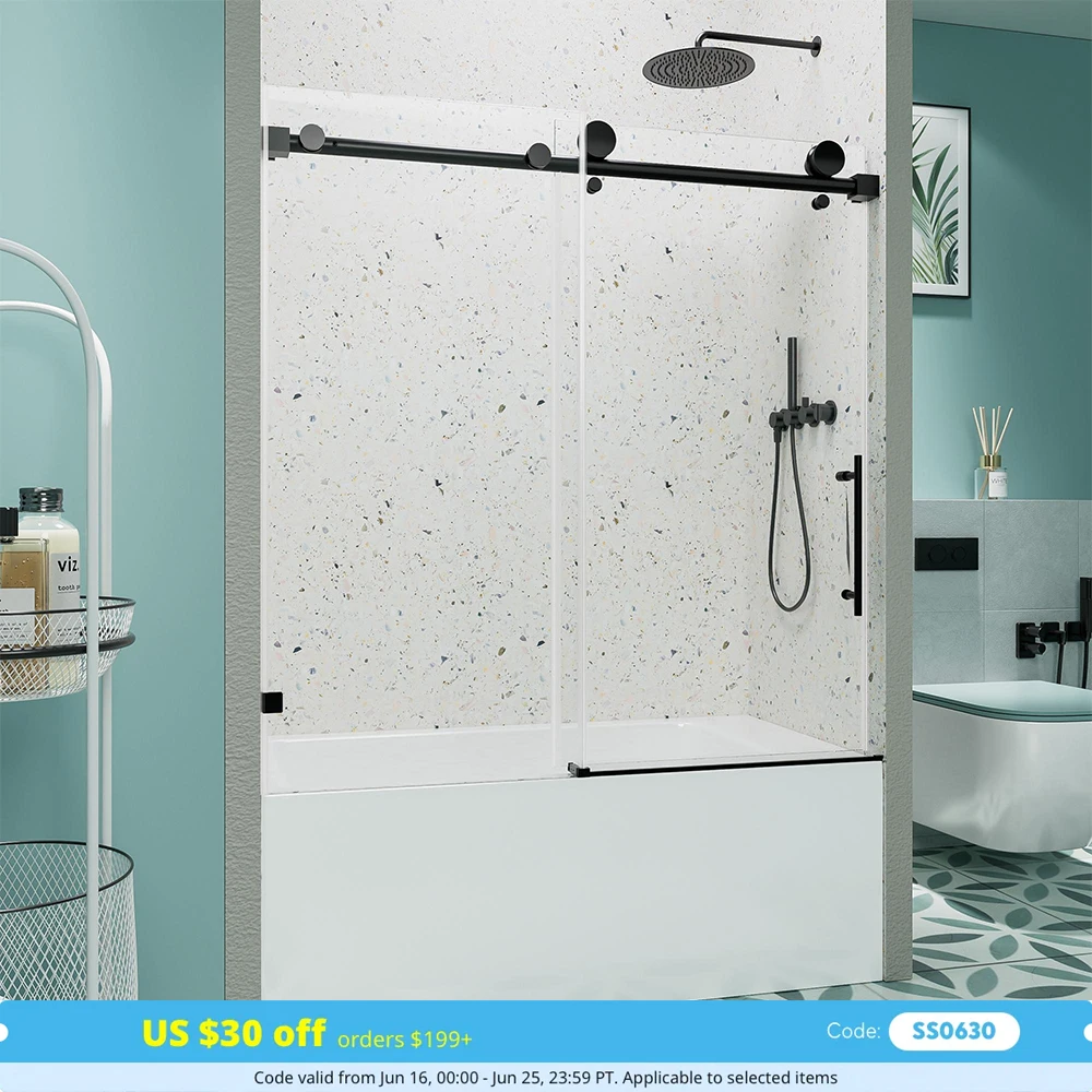 

SH.KL 56-60 дюймов Ш x 60 дюймов В Бескаркасная одинарная раздвижная душевая дверь, матовая черная дверь для ванны с мягким закрытием, закаленное стекло 5/16 дюйма (8 мм)