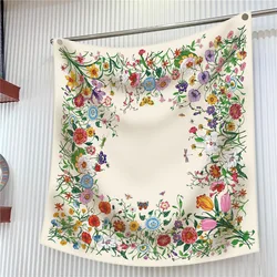 女性用シルクスカーフ,花柄,ヒジャーブ,正方形,ヘッドラップ,バンダナ,90cm