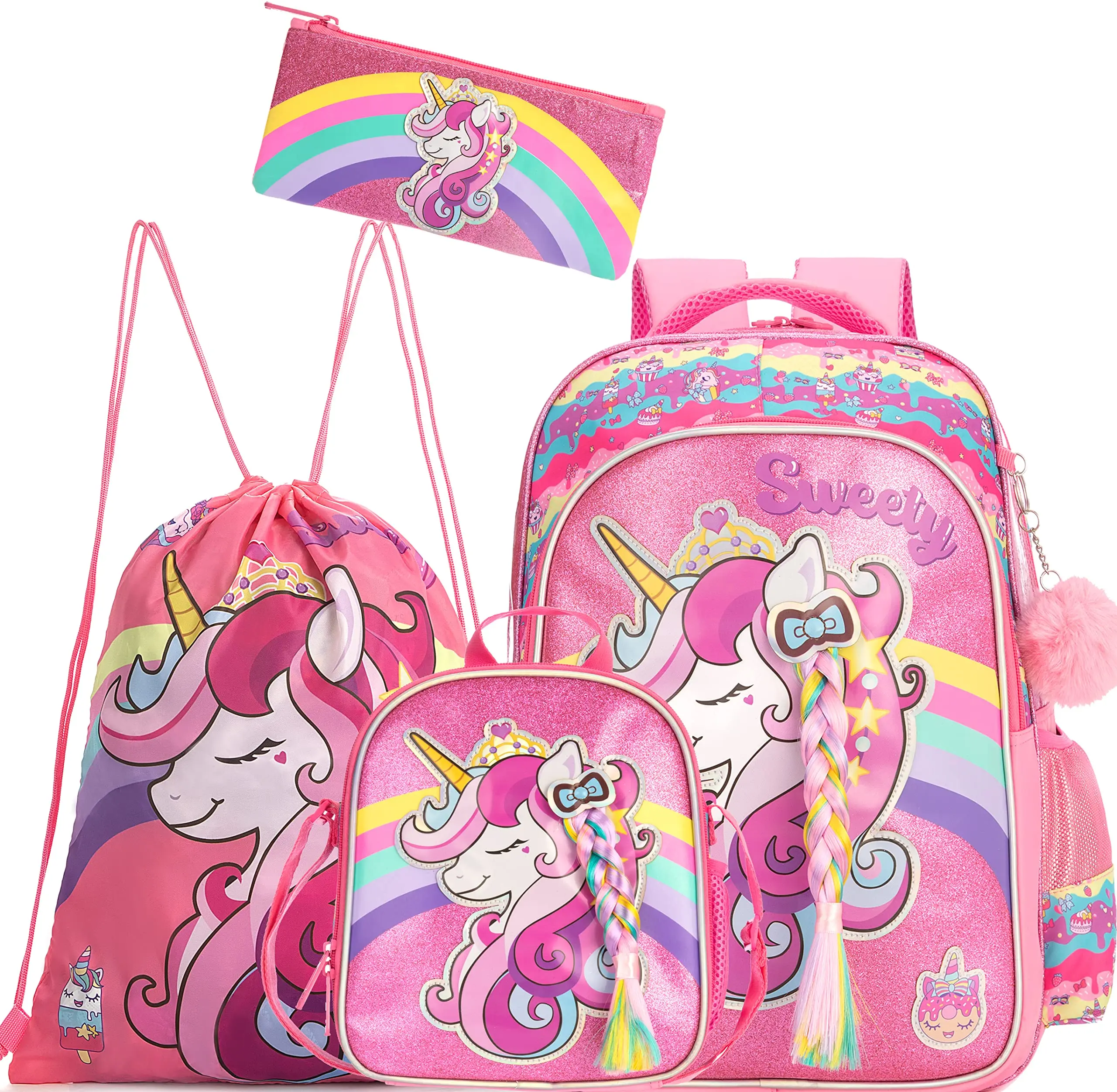 Unicorn Backpack for Girls School Backpacks Kids Cute Bookbag with Lunch Box,Drawstring Bag for Elementary Preschool Students