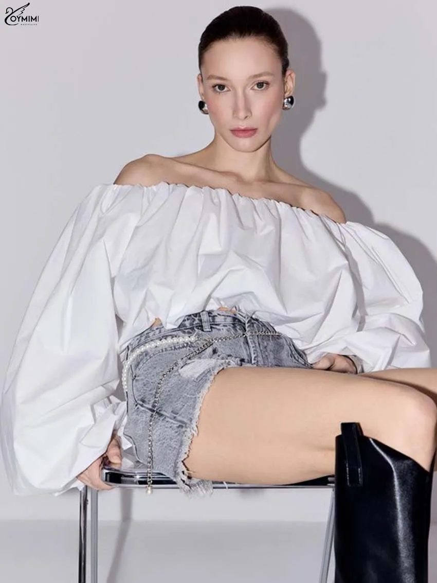 Oymimi, blusas elegantes de algodón blanco para mujer, blusas holgadas sin tirantes con mangas abullonadas a la moda, Tops cortos lisos para otoño, ropa femenina
