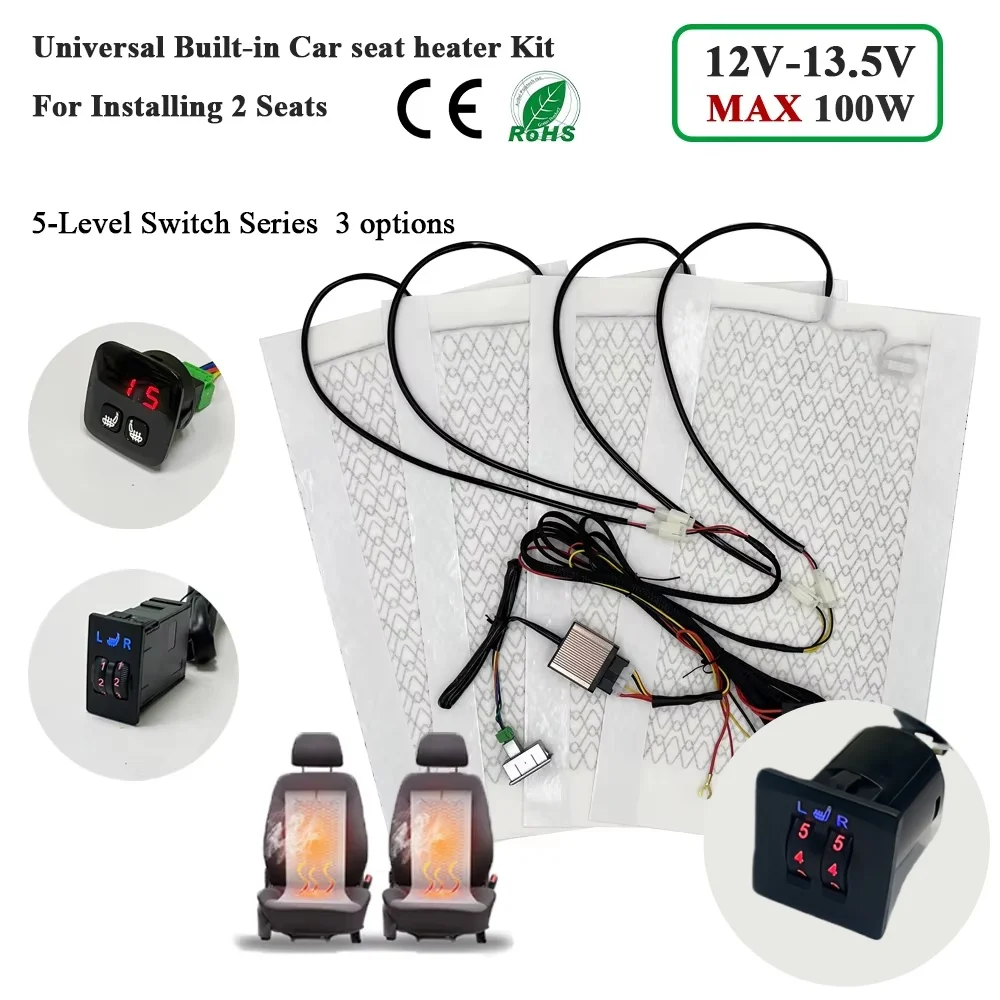100W Universal Built-in Car Seat Heater Kit Fit 2 Seats 48x28cm 12V Carbon Fiber Heating Pads 5 Levels Control Switch System