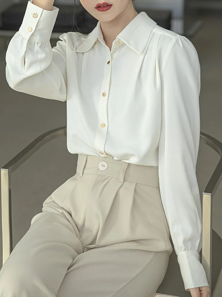 

Long Sleeve Shirts Womens Satin Buttoned Blouses Turn Down Collar Pleated Hem Slim Fit Lantern Sleeves Preppy Feminine French