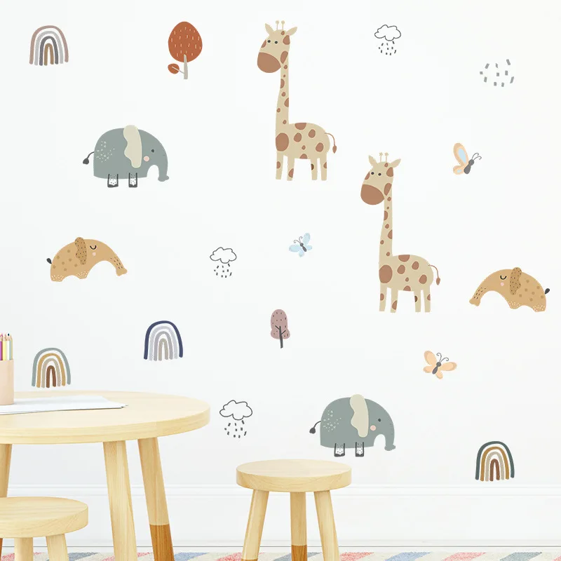 Cartoon Animals Wall Stickers for Baby Kids Room Children Bedroom Wall Decor Giraffe Elephant Wall Decals Home Decor Wallpapers