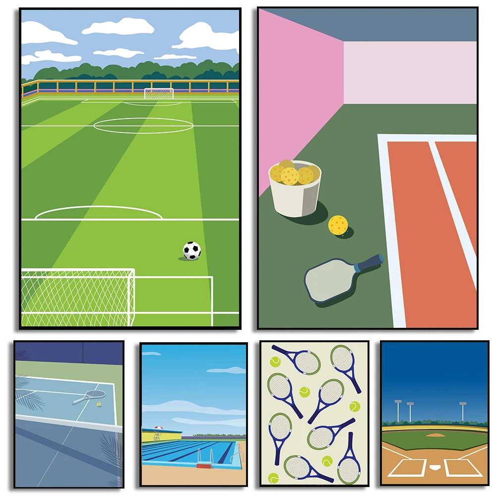 الحد الأدنى ملعب الرياضة المشارك كرة القدم التنس كرة السلة يطبع حائط لوح رسم الفن صور غرفة المنزل ديكور رياضي حديث
