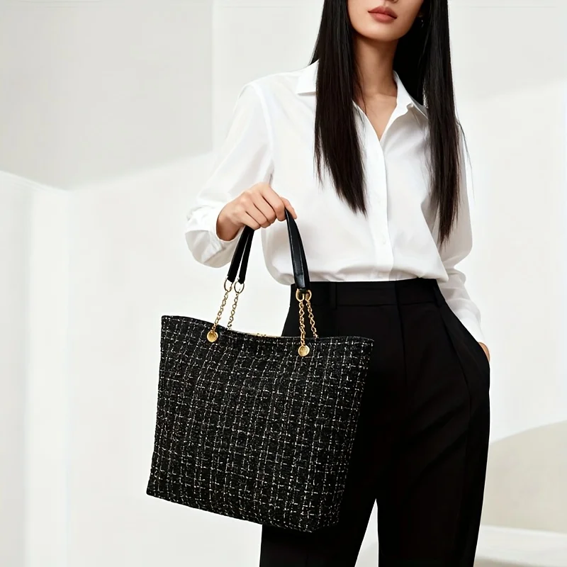 Elegante Damen-Vintage-Tweed-Tragetasche mit Karomuster, elegante Schultertasche mit großem Fassungsvermögen und goldenem Kettenakzent – Detail 3
