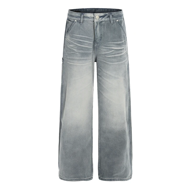 

American High Street Jeans Design Washed Cat Whiskers Texture Men's Workwear Jeans Highend Straight Denim Long Cargo Pants