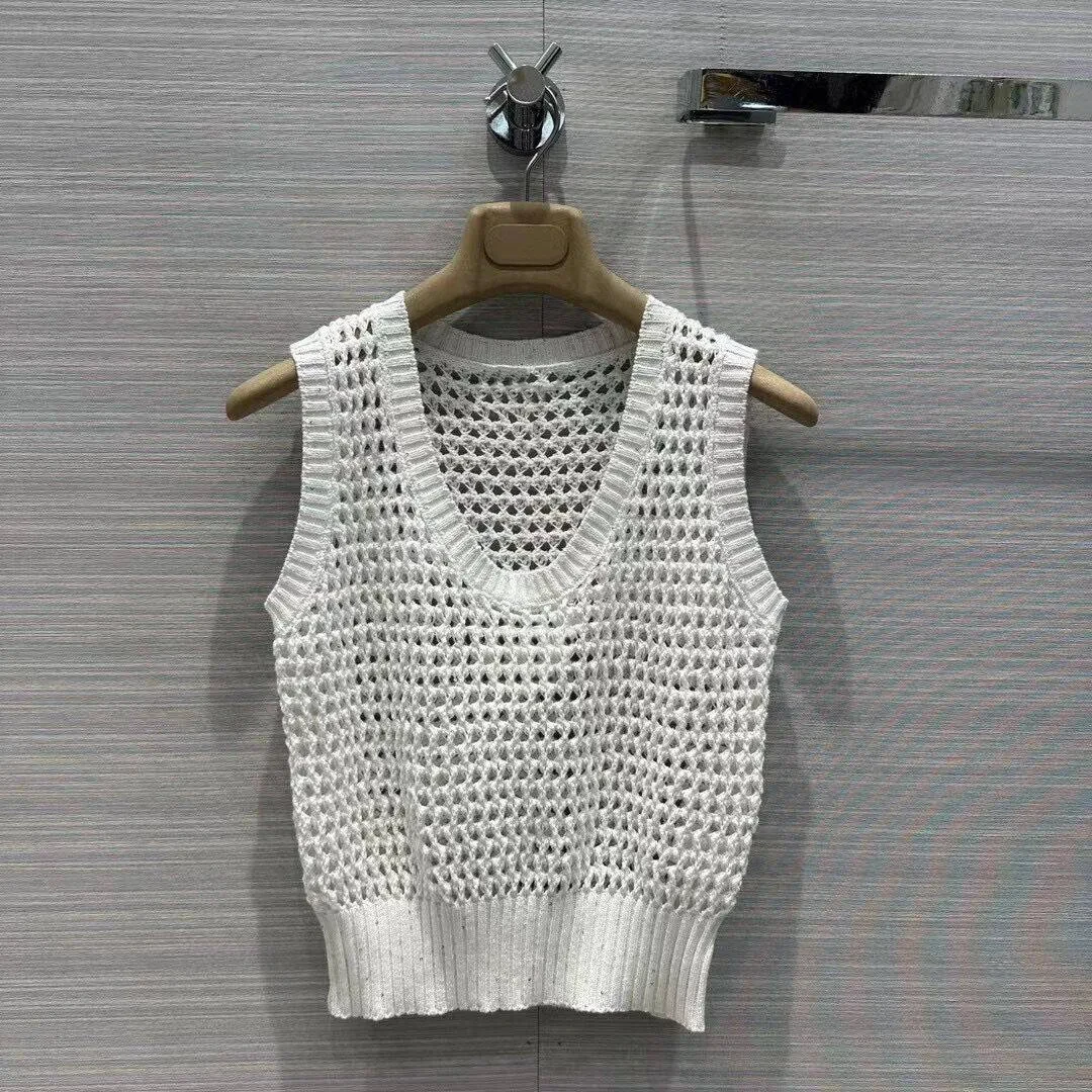 

2024 New Fashion Summer Solid Hollow Out Crochet Sequins Tank Tops Sweater Women V-neck Sleeveless Short Design Casual Knitwear