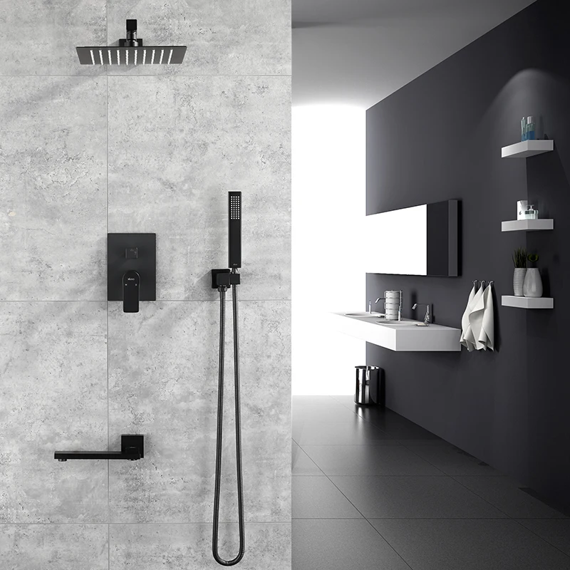 

Bathroom Shower Set Black/Brushed Gold Square Rainfall Shower Faucet Wall or Ceiling Wall Mounted Shower Mixer