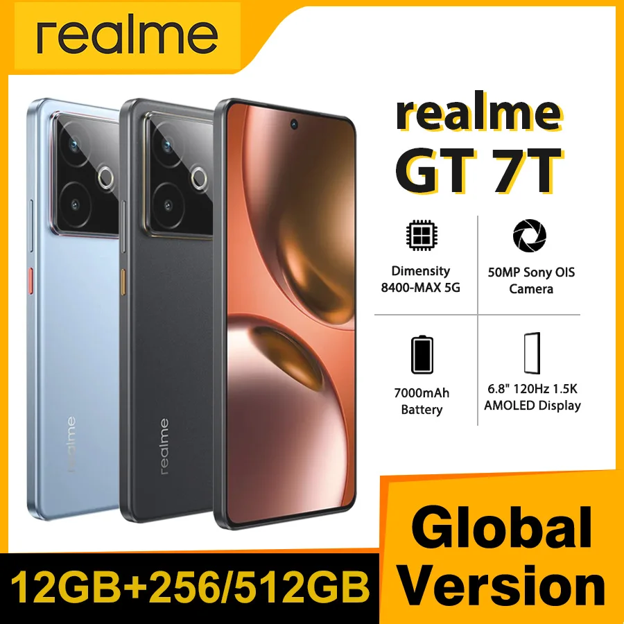 إصدار RU realme GT 7T 5G هاتف ذكي أبعاد 8400-ماكس معالج 7000mAh بطارية 120W شحن 6.8 "شاشة AMOLED 120Hz